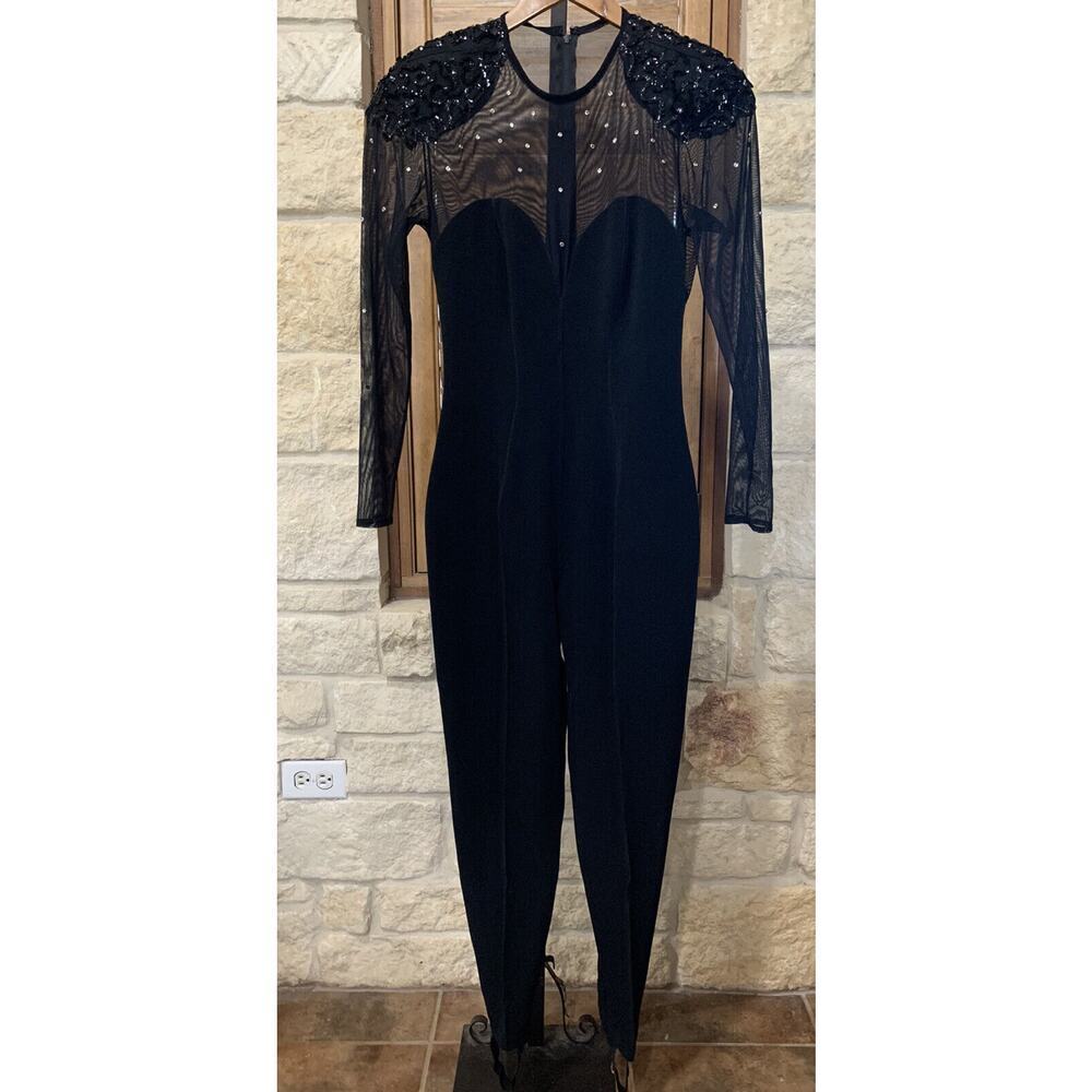Tadashi Women’s Vintage Jumpsuit Black Spandex Sequins Stirrups 80’s Size Medium